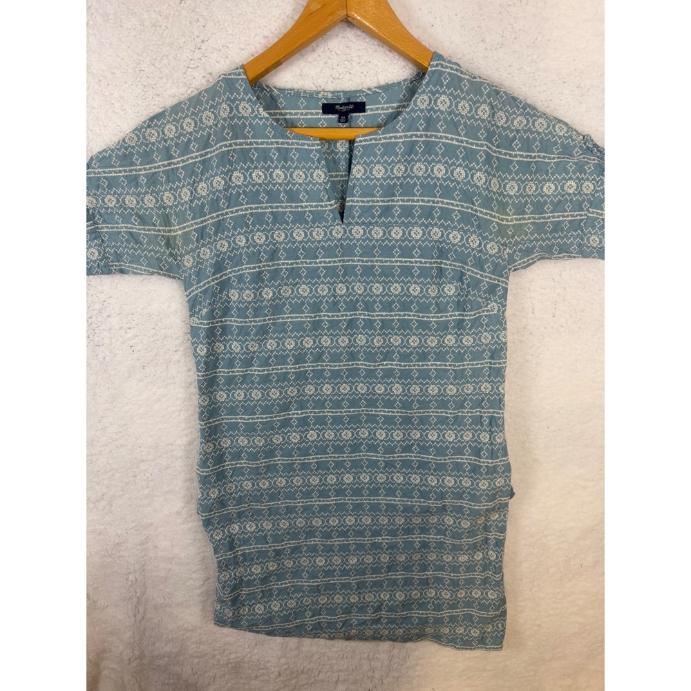 Madewell Women's XS Blue Embroidered Patterned Short Sleeve Top‎